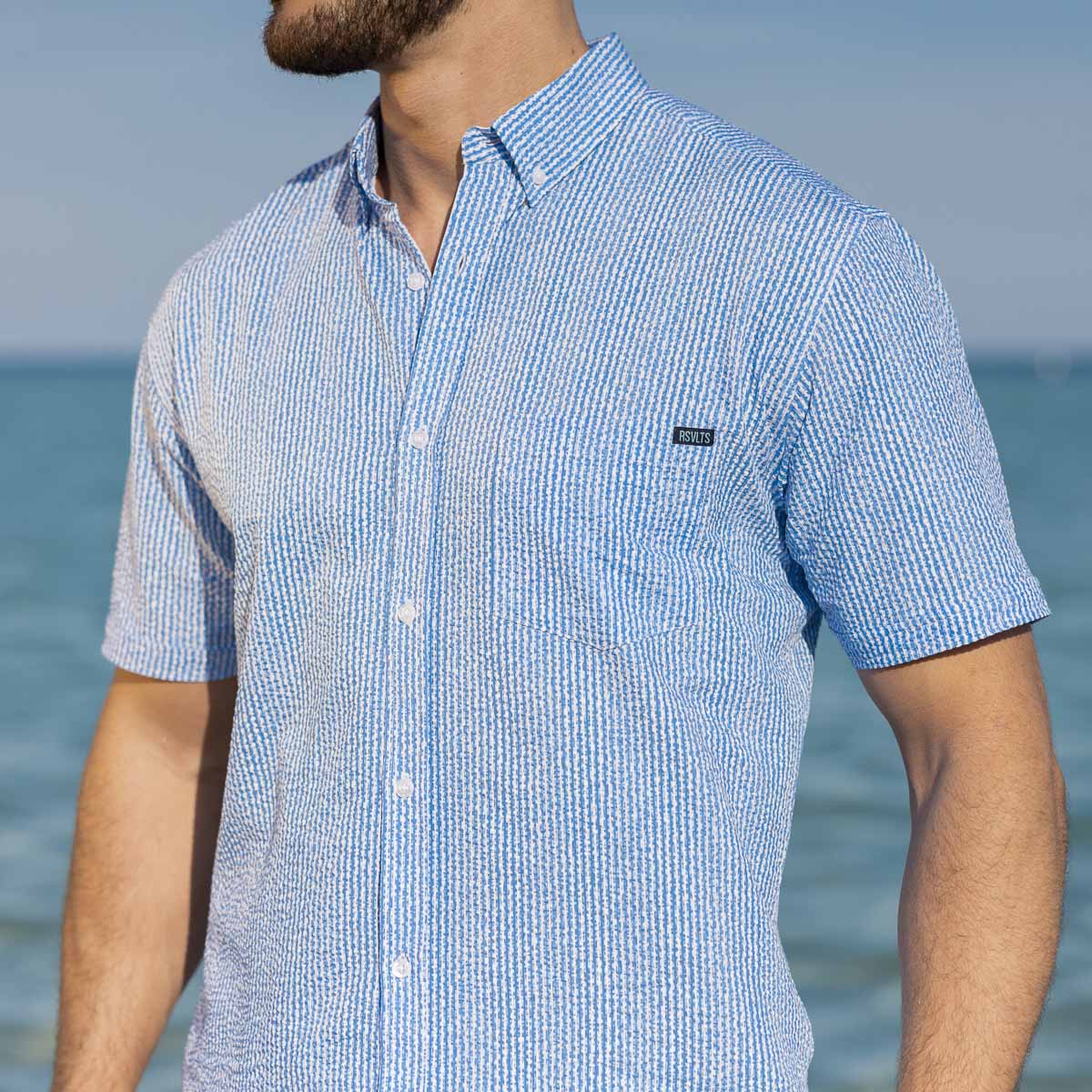 We Sail Without Him – Stretch Seersucker Short Sleeve Shirt - Image 2